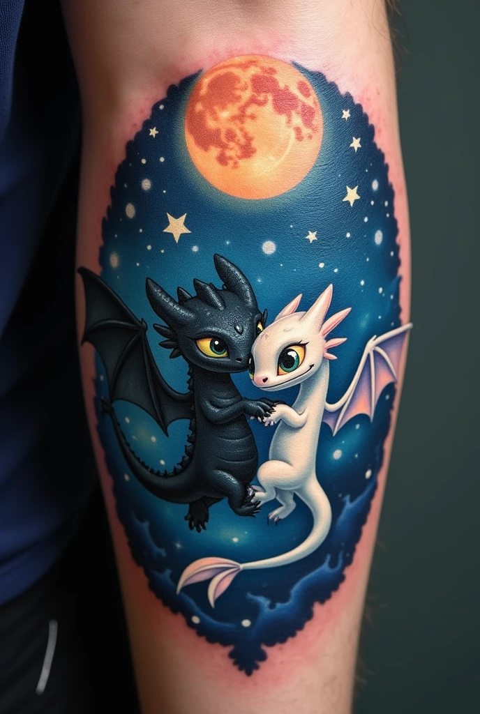 Drawing for a tattoo of Toothless and Light Fury animated with moon and stars and it looks cool