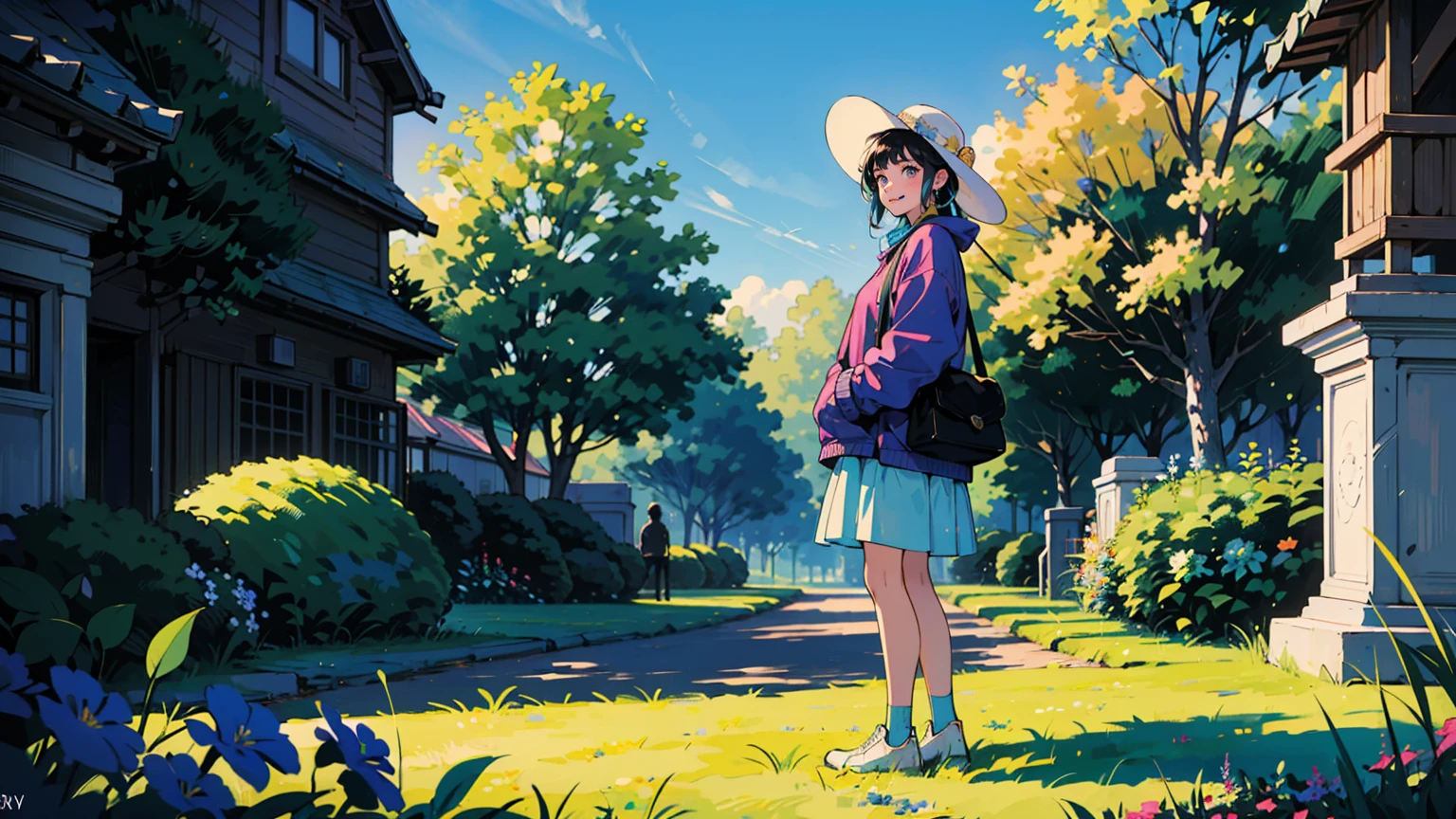 masterpiece,best quality,very detailed,absolute resolution,high resolution,Young Asian woman in a vibrant park landscape. Wearing a white hat, Navy blue sweatshirt with museum text in bright pink. White headphones on neck. casual pose, A slightly smiling and tilting her head. background: Blue lawn contrasting with dark blue man-to-man. Trees in various shades of green. People in colorful clothes are relaxing on the lawn.. Bright sunshine in a clear blue sky. Yellow flowers scattered across the foreground. White 'Chill Playlist' text overlay in the top left corner. White audio waveform at the bottom. high contrast, A scene full of vivid colors. casual, Feeling comfortable. high quality, Vivid photos with a colorful palette
