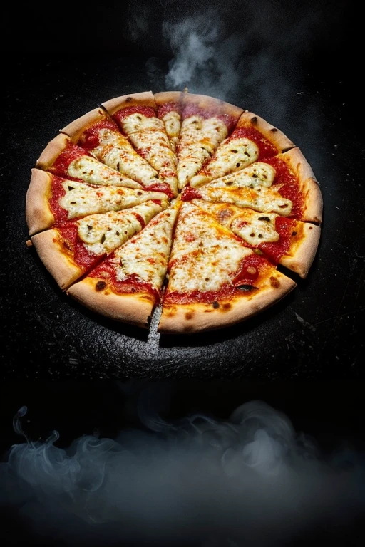 pizza,hot々,Black Background,material,steam,Melted Cheese