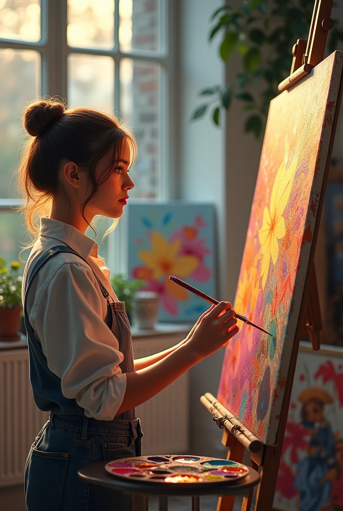 A serene and inspiring view of Mia, now a renowned artist, painting in a studio surrounded by her celebrated works