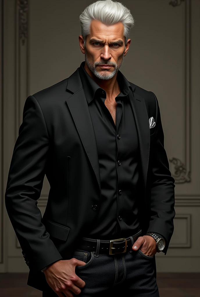 handsome,white hair,black suit,black jeans,wristwatch,full body