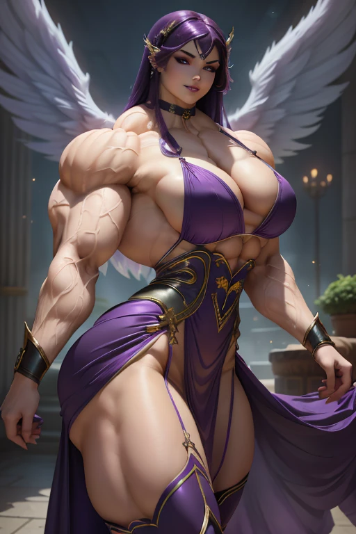 (Close-up), tall, (violet purple hair) beautiful muscular woman, long hair with long bangs, pale white skinned, closed smile, (black lipstick), ((massive muscles)), (hyper muscle), ((ginormous bulky muscles)), (glowing white eyes), (sparkling violet cheongsam dress, long skirt), (giant angel wings), gauntlets, choker, thigh high boots, (carrying thunder in the Sky)