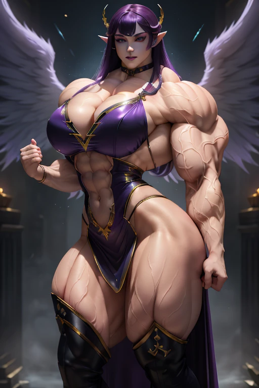 (Close-up), tall, (violet purple hair) beautiful muscular woman, long hair with long bangs, pale white skinned, closed smile, (black lipstick), ((massive muscles)), (hyper muscle), ((ginormous bulky muscles)), (glowing white eyes), (sparkling violet cheongsam dress, long skirt), (giant angel wings), gauntlets, choker, thigh high boots, (carrying thunder in the Sky)