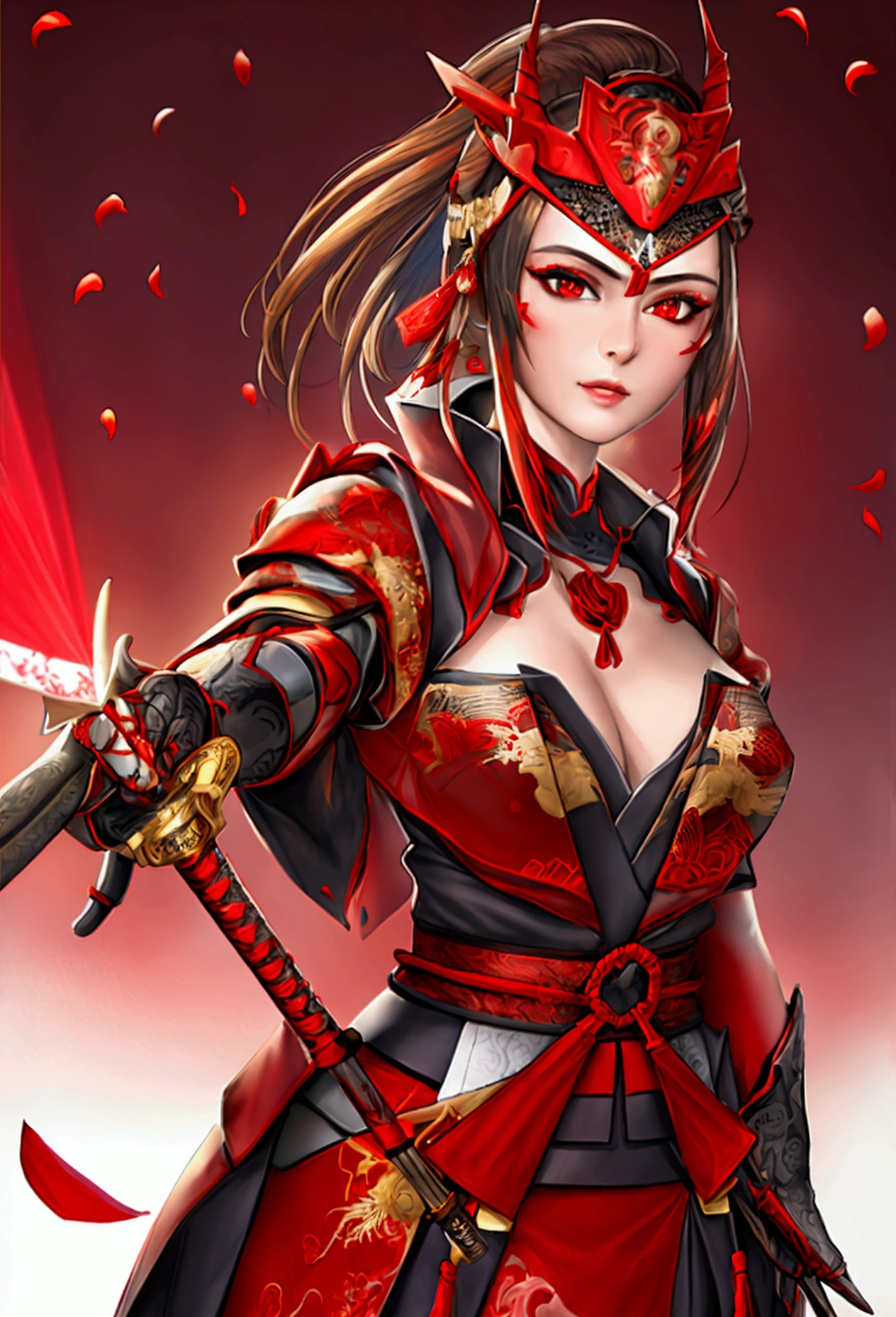 a red origami paper samurai,beautiful detailed eyes,beautiful detailed lips,extremely detailed eyes and face,longeyelashes,highly detailed,intricate,complex,elegant,graceful,dynamic pose,katana sword,traditional japanese armor,samurai helmet,cherry blossom petals,cinematic lighting,dramatic shadows,glowing red paper,ultra-detailed,8k,highres,masterpiece:1.2,realistic,photorealistic:1.37,concept art