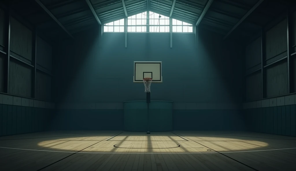 The school&#39;s large, dimly lit gymnasium with a basket。Camera is looking at a basketball goal。In the style of Makoto Shinkai。master piece, ultra detail