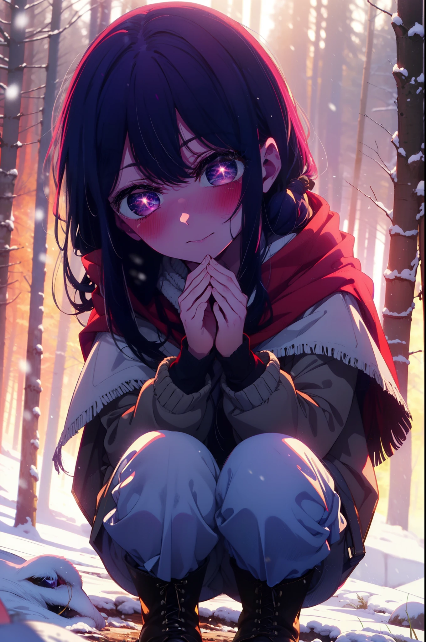 aihoshino, Ai Hoshino, Long Hair, bangs, (Purple eyes:1.1), Purple Hair, (Symbol-shaped pupil:1.5), smile,,smile,blush,white breath,
Open your mouth,snow,Ground bonfire, Outdoor, boots, snowing, From the side, wood, suitcase, Cape, Blurred, , forest, White handbag, nature,  Squat, Mouth closed, Cape, winter, Written boundary depth, Black shoes, red Cape break looking at viewer, Upper Body, whole body, break Outdoor, forest, nature, break (masterpiece:1.2), Highest quality, High resolution, unity 8k wallpaper, (shape:0.8), (Beautiful and beautiful eyes:1.6), Highly detailed face, Perfect lighting, Highly detailed CG, (Perfect hands, Perfect Anatomy),