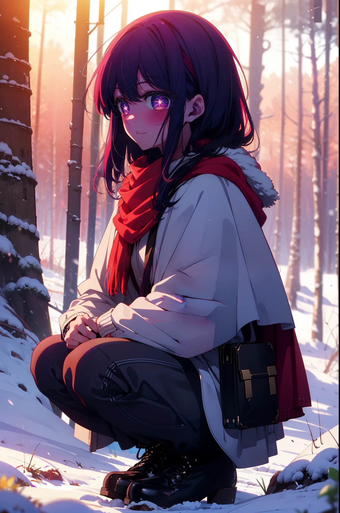 aihoshino, Ai Hoshino, Long Hair, bangs, (Purple eyes:1.1), Purple Hair, (Symbol-shaped pupil:1.5), smile,,smile,blush,white breath,
Open your mouth,snow,Ground bonfire, Outdoor, boots, snowing, From the side, wood, suitcase, Cape, Blurred, , forest, White handbag, nature, Squat, Mouth closed, Cape, winter, Written boundary depth, Black shoes, red Cape break looking at viewer, Upper Body, whole body, break Outdoor, forest, nature, break (masterpiece:1.2), Highest quality, High resolution, unity 8k wallpaper, (shape:0.8), (Beautiful and beautiful eyes:1.6), Highly detailed face, Perfect lighting, Highly detailed CG, (Perfect hands, Perfect Anatomy),