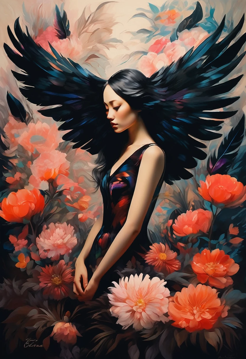 (Sensual illustration chiaroscuro), Illustration art, By Irina Kapi. Surrealism, Vintage Abstraction,  (Girl with black wings), (少女が飛んでいるPainting:1.2), Esbian all over body、Woman with black feathers, Big feather、Colorful flower garden background、Highest quality, masterpiece, Ultra high definition、Painting, Concept Art, Emotional, Atmospheric, Romantic aesthetics, Represents transformation and the ability to see beyond the surface、Ultra high definition、(deep, Delicate colors) paint (draw) 、最高masterpiece、Highest quality、