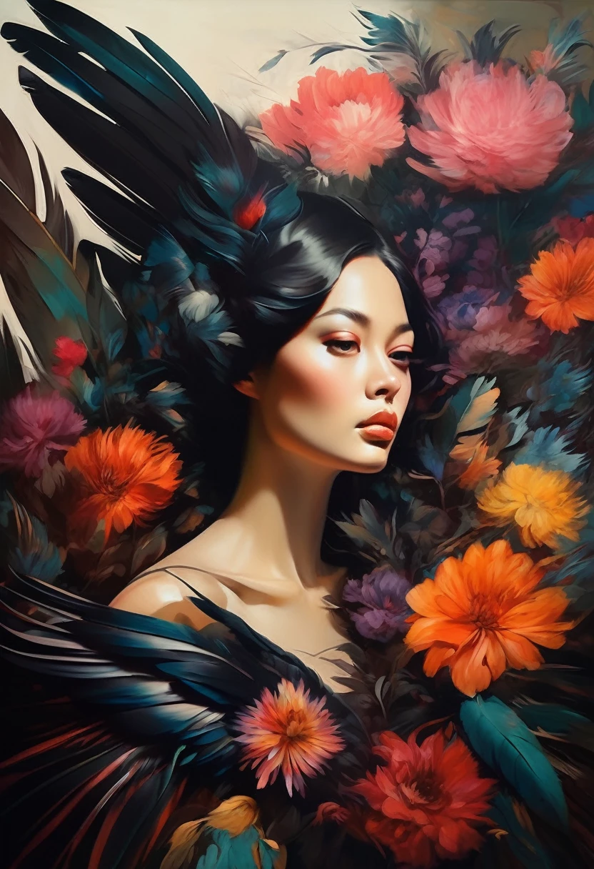 (Sensual illustration chiaroscuro), Illustration art, By Irina Kapi. Surrealism, Vintage Abstraction,  (Girl with black wings), (少女が飛んでいるPainting:1.2), Esbian all over body、Woman with black feathers, Big feather、Colorful flower garden background、Highest quality, masterpiece, Ultra high definition、Painting, Concept Art, Emotional, Atmospheric, Romantic aesthetics, Represents transformation and the ability to see beyond the surface、Ultra high definition、(deep, Delicate colors) paint (draw) 、最高masterpiece、Highest quality、