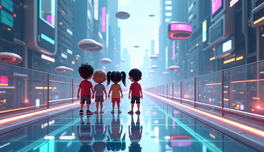 Generate a high quality, realistic seen in cinematic 3d 
cartoon style * The kids find themselves standing on a futuristic street. The ground is made of transparent glass, and they can see bright lights and flying vehicles beneath them.