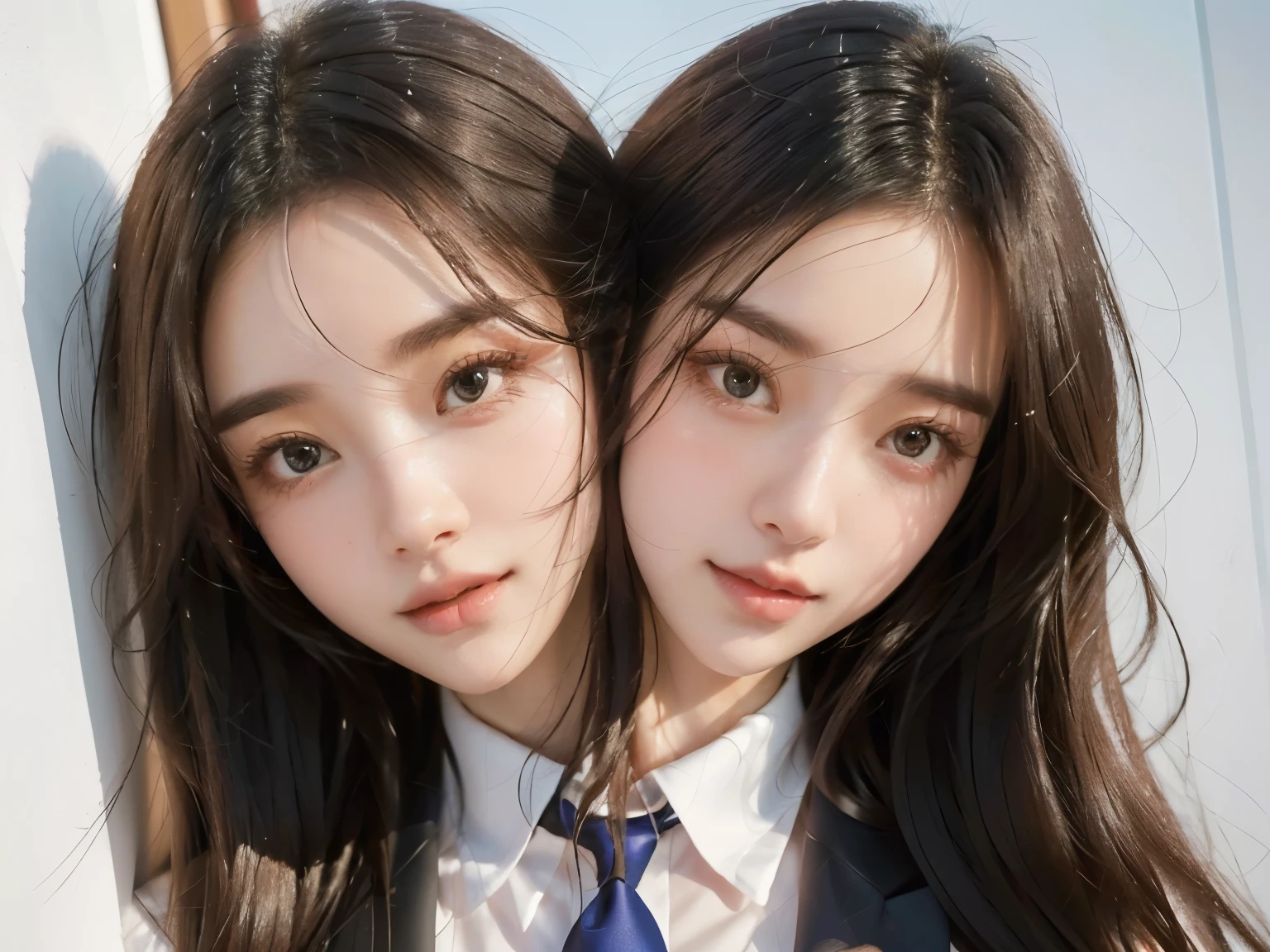 (2headsL1.2), korean women, there are two women in suits and ties posing for a picture, beautiful gemini twins portrait, alena aenami and lilia alvarado, beautiful gemini twins, portrait sophie mudd, profile image, promotional photoshoot, two girls, beautiful sci - fi twins, gorgeous faces, official product photo, two women, beautiful highly symmetric faces, beautiful girls, twins, photo portrait
