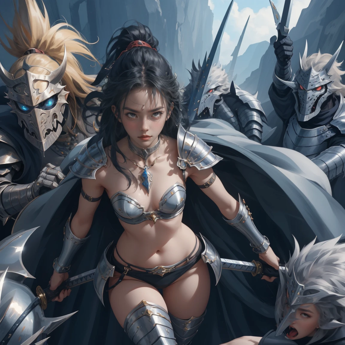 A female swordsman in shiny metal steel armor.、Underarm、belly button、Thighs、Fight monsters in dungeons、Raise your sword