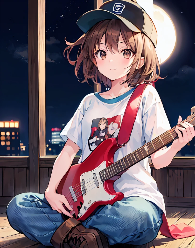 路上でguitarを弾くアニメの,Brown Hair,Shortcuts,Messy Hair,Slender beauty,A dignified posture,Small chest,Beautiful feet,Her captivating grey-blue eyes shine like stars,meet, Azusa Nakano, , (Brown eyes:1.5),,Baseball cap,Oversized T-shirt,Short sleeve,jeans,short boots,Instrument playing, Stage Performance, hot air,Happy atmosphere,スタンドマイクの前でguitarをを弾きながら熱唱,guitar(Red Mustang),On the forehead,Sing with your mouth open,smile,,night,moonlight,whole bodyがイラストに入るように,
break outdoors, construction area,
break looking at viewer, whole body,
break (masterpiece:1.2), Highest quality, High resolution, unity 8k wallpaper, (shape:0.8), (Beautiful attention to detail:1.6), Highly detailed face, Perfect lighting, Extremely detailed CG, (Perfect hands, Perfect Anatomy),