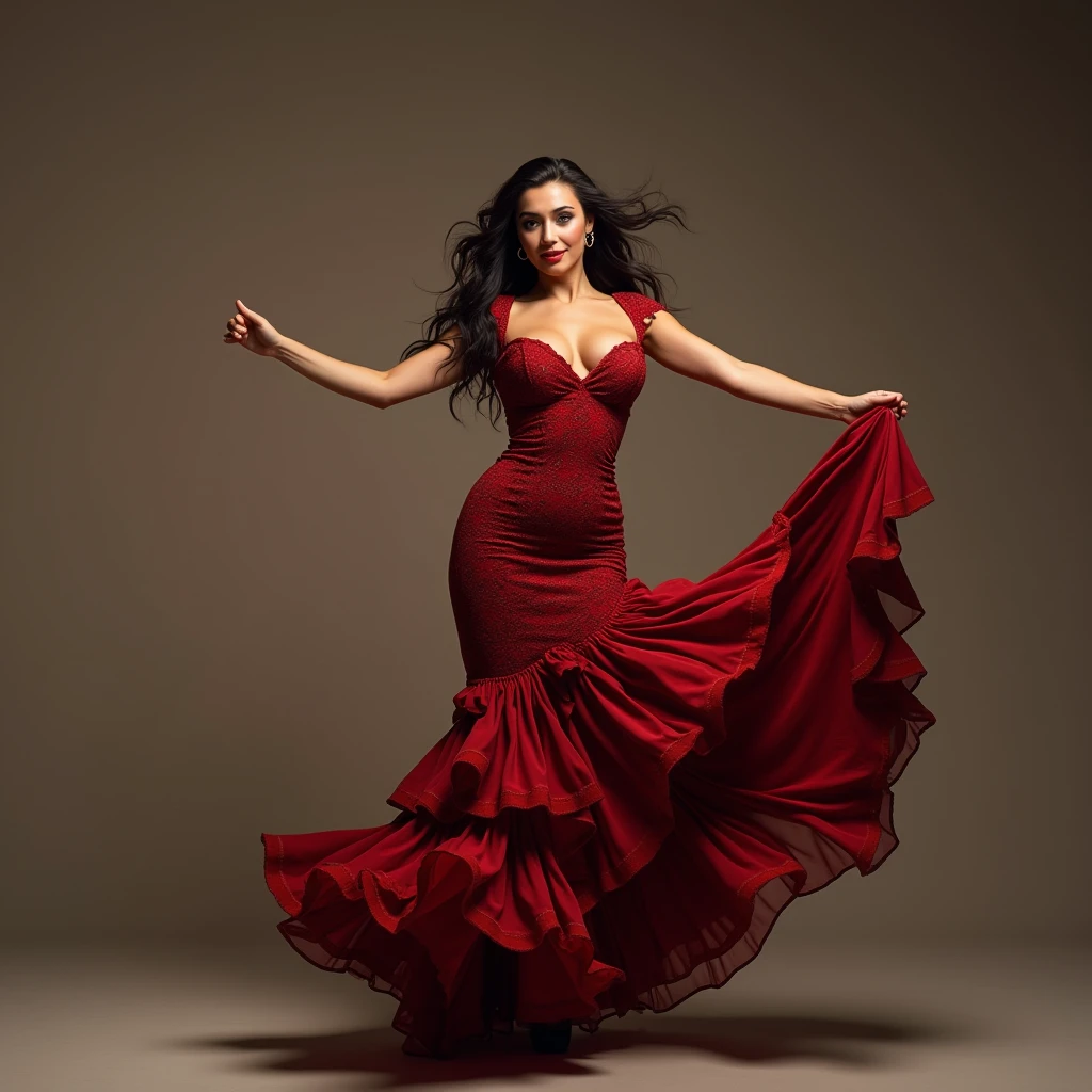 Beautiful busty Spanish fashion model dancing flamenco、Professional appearance、At a powerful angle、Uplifting、Dynamically、A closer shot、Looking seductively at the camera、Canon Eos 24mm, In detail、4K, 8k,