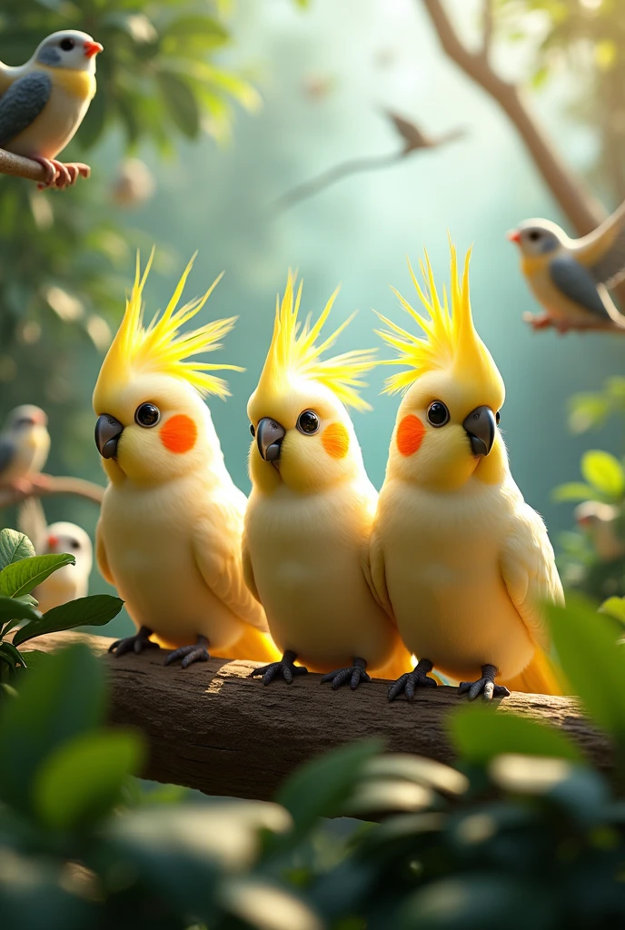 3  lutino coctail birds with more birds
