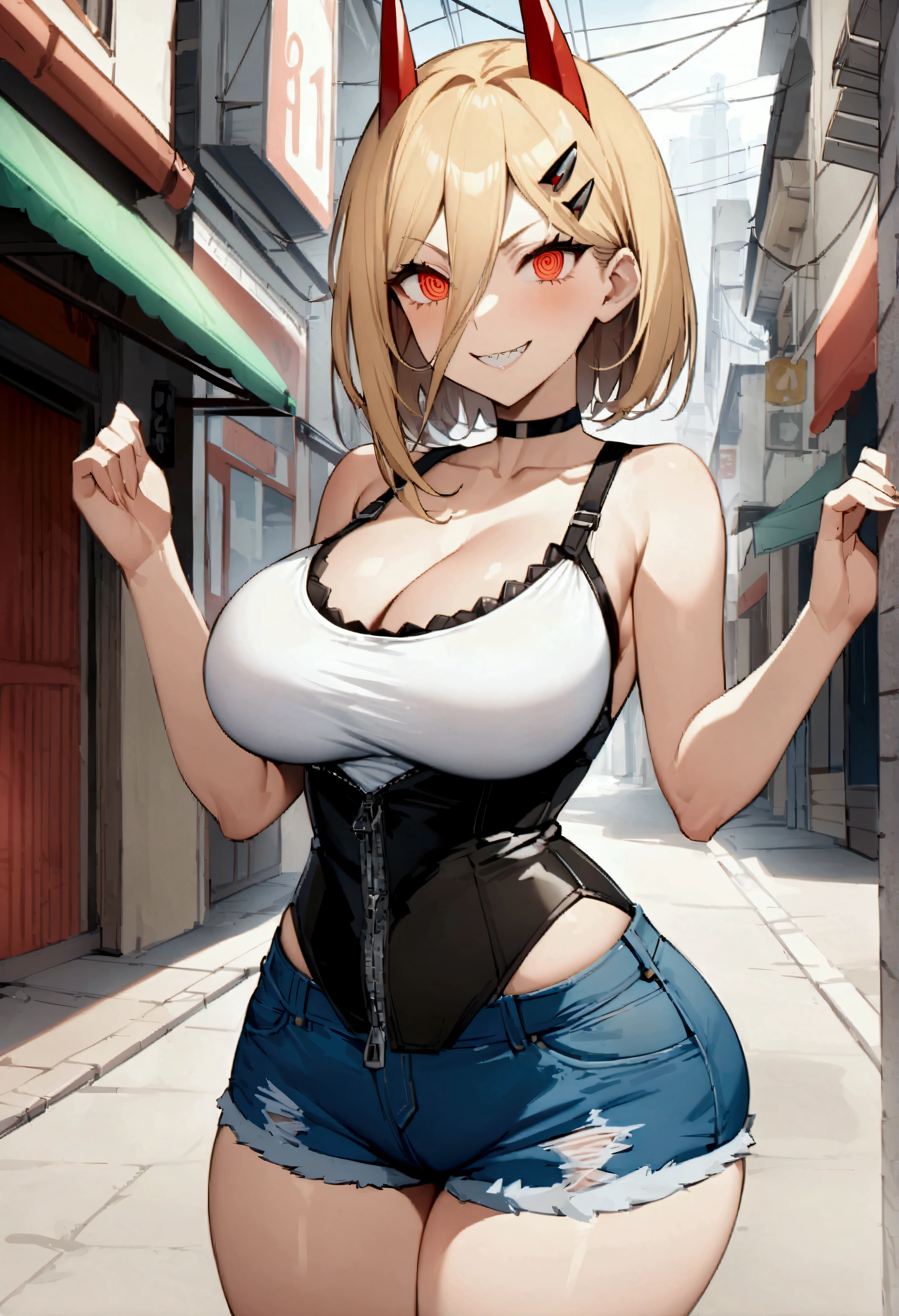 Masterpiece、Highest quality、Super detailed、power\(Chainsaw Man\), solo、1 person、power、Score 9、Score 8 up、Score 7 up、1 personの、Full Body Shot、Big Breasts、Round Breasts、Source Anime、Big Ass、Thick thighs、Sole、One person、Single character、The only character、No other characters。short hair、Pixie Cut、Blonde Hair、Red Corner、Devilish eyes、Narrow waist、Detailed eyes、Detailed face、Sharp teeth、Proud。Denim shorts、Tank top、Underbust、Open zipper、Cleavage、Open zipper、Striped panties、Grin、Proud、Street、Thigh height、choker。