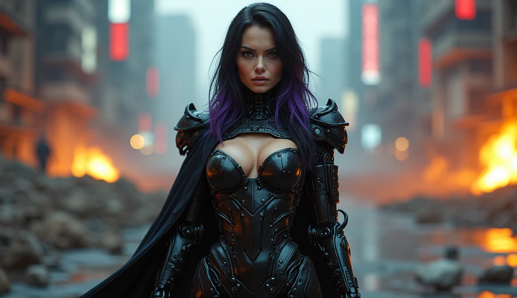 young Angelina Jolie, Full body pose wearing a mechanical suit, Large Breast, Mechanical wonder, Cyberpunk, Cybernetic Guardian, futuristic sexy black armor, full body, front pose, symmetry, intricate (steel metal [rust]), joints, warframe style, cyborg, fit muscular female body and armor, Beautiful body, Massive silicone breast, pale skin, seductive, temptation, eat your soul, clevage, long flowing black hair with purple highlights, heavy gothic makeup, at night, neon, most beautiful intricate detailed glowing chainsaw sword , sith queen, warrior queen, black latex cloak, stiletto heels, full body pose, wartorn ruins in the background, explosions and fire, night light, dark, hdr, detailed face, detailed skin, cinematic, dramatic, (cyberpunk megapolis:1.3), neon light, deep neckline, high heels, full body pose, stiletto heels, high heels