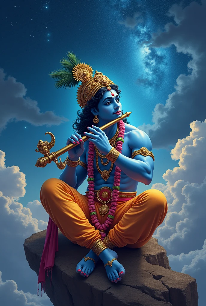 Lord krishna sitting in sky holding basuri during night with muscles with his big look and clothes 