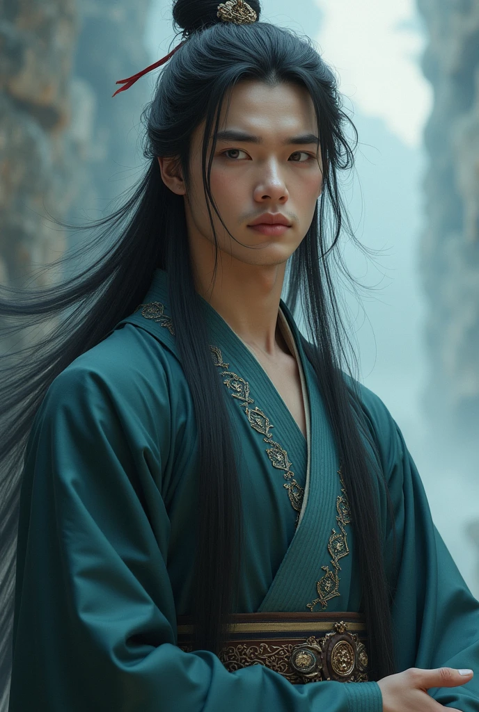 (Absurd, High quality, Ultra detailed, Careful with face) 1man with perfection dark eyes and long black-hair. Mid-twenties aged man is cultivator of chinese ancient cultivation, beautiful handsomely. A long robe and extremely long hair.