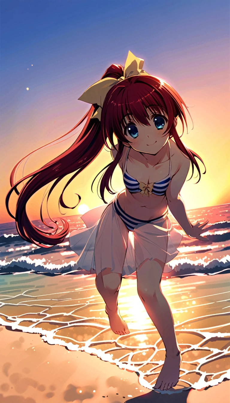 Takase Mizuki, One person, alone, blue eyes, Redhead, Long Hair, yellow bow, bow, ponytail, hair bow, smile, (Striped-bikini:1.1), (She walked along the beach in the sunset, her bare feet touching the water, the closest she came to seeing that smile), (cinematic angle:1.1)