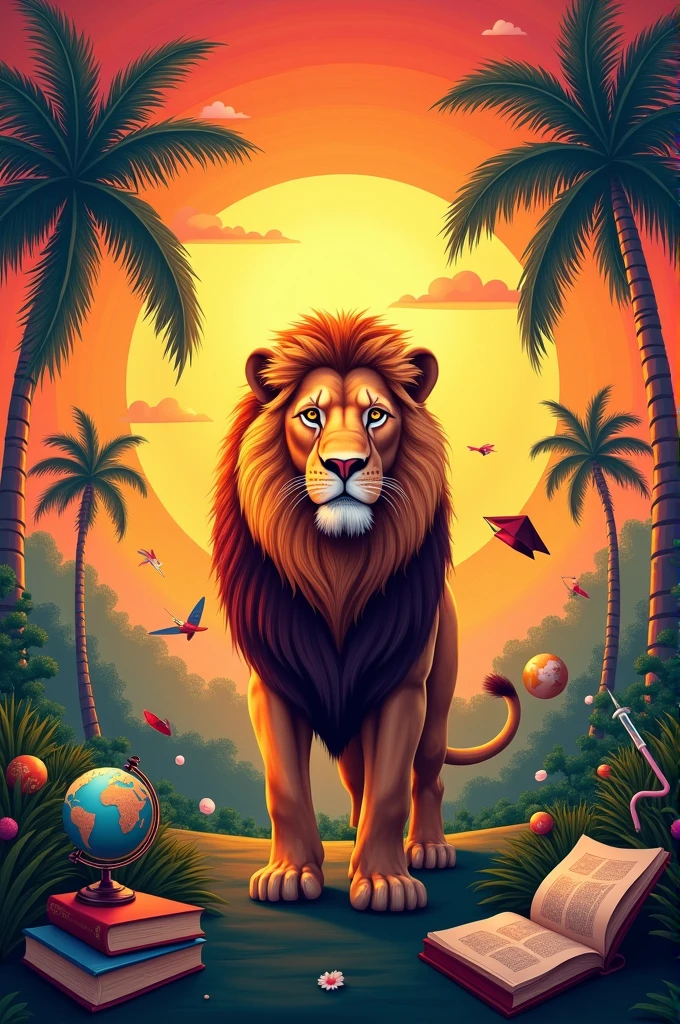 Create a lion mural with a warm sunset, palm trees and educational objects