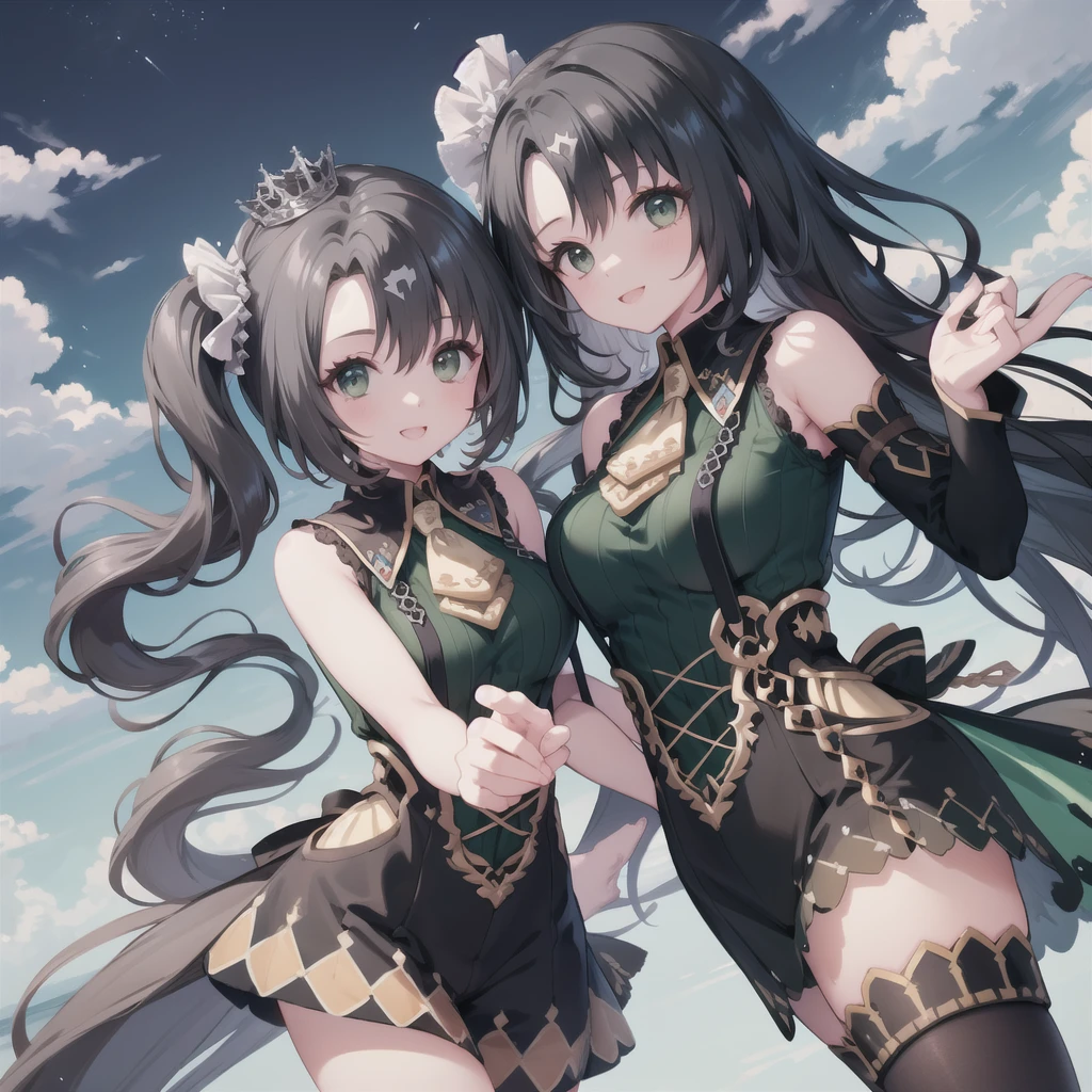 Highest quality、Highest quality、Highest Resolution、masterpiece、Anime Drawing、独奏、1 person。((green shoulderless long knit、clothes))。pantyhose。lipstick、smile。Glamorous Body、Beautiful breasts、Touch your head with your hand、Active Posing。Black Hair、Long Hair、ponytail。Lots of hair ornaments。Beautiful child with horse ears。Night Sky、Strong winds、Chest centered。