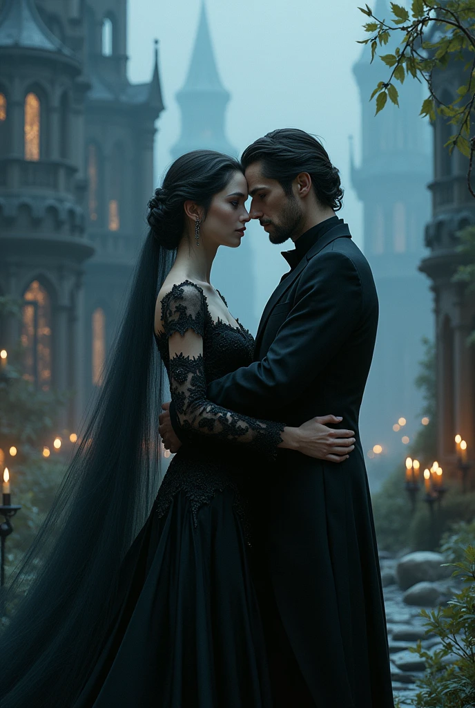 A Victorian couple, elegant, dark, Vampir, Hold each other tight, dark aesthetic, Vampire aesthetics, book cover aesthetic, Kings close, book, 1721, 1700, Vampir, dark, book cover, book aesthetic, love, in love, look at each other. dark romance, dark romance
Woman: Long hair, Curly, Brown hair, not much volume, English, brown-black dress, elegant, 23, 5'5 inch, dark romance
Mann: black hair, shorth hair, black colored clothes, adel, 24, Male characteristics, sharp jawline, green eyes, Welsh, 6'0 inches, enemies to lovers