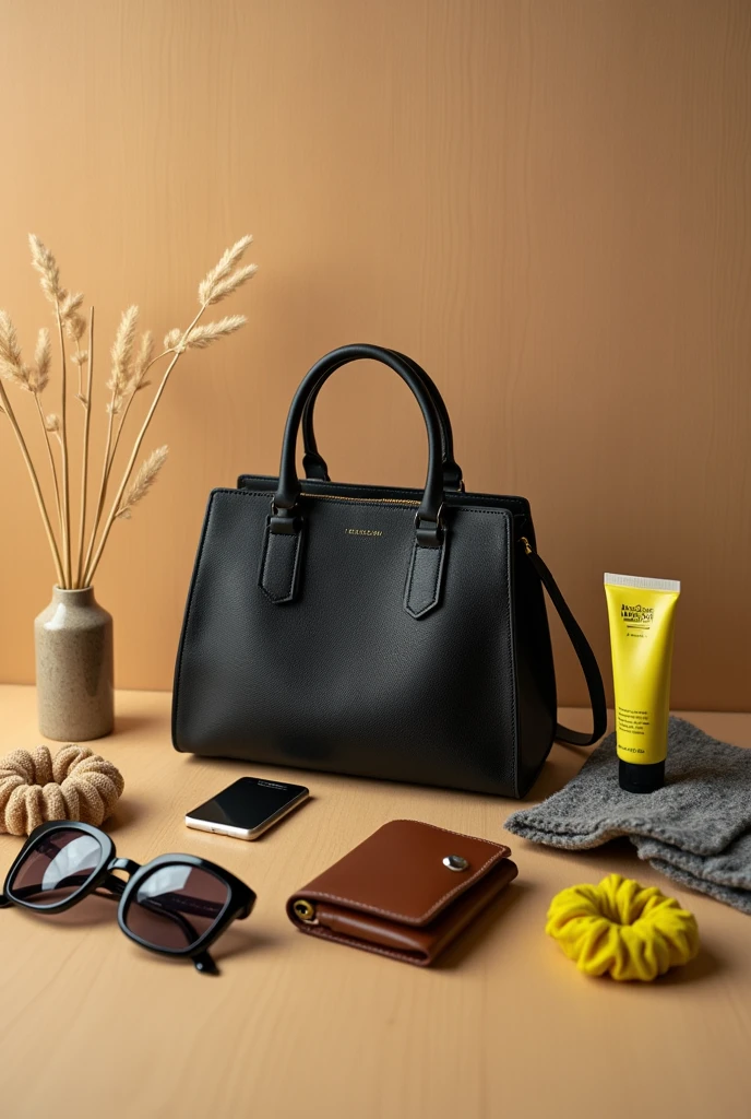 Instagram what&#39;s in my bag style、On a natural wooden desk、Black leather mini bag、Black square sunglasses、Brown mini wallet、Beige scrunchie、Hand cream in a yellow-green package、Aspect ratio16:9