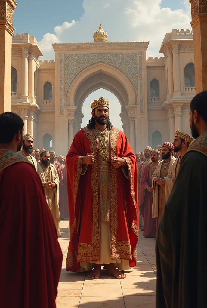 Proud man being honored by King before people of Middle Persia