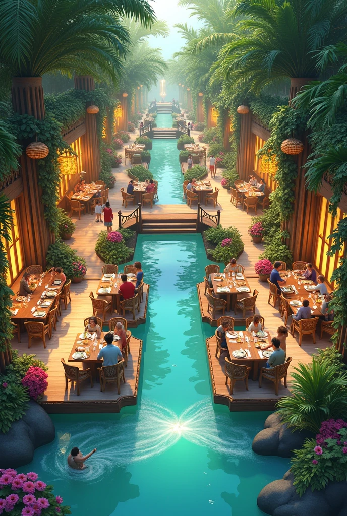 Front of house cafe floor plan customers eat above flowing water with tropical theme
