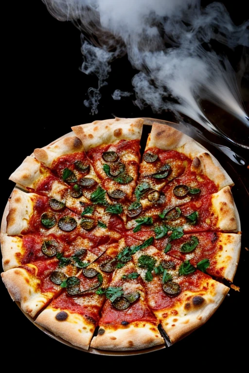 pizza,hot々,Black Background,material,steam,Melted Cheese,Overflowing with cheese