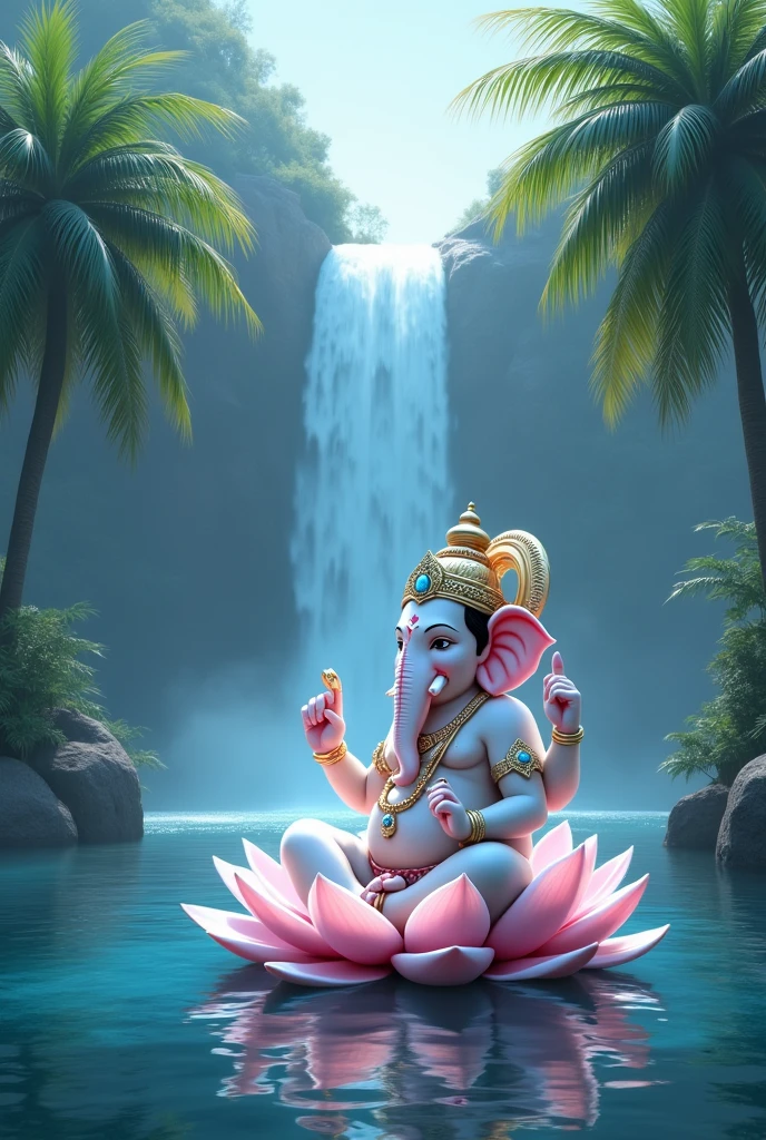 A white color ganesh with blue color dimond and sitting on a lotus and background waterfall plus coconut tree