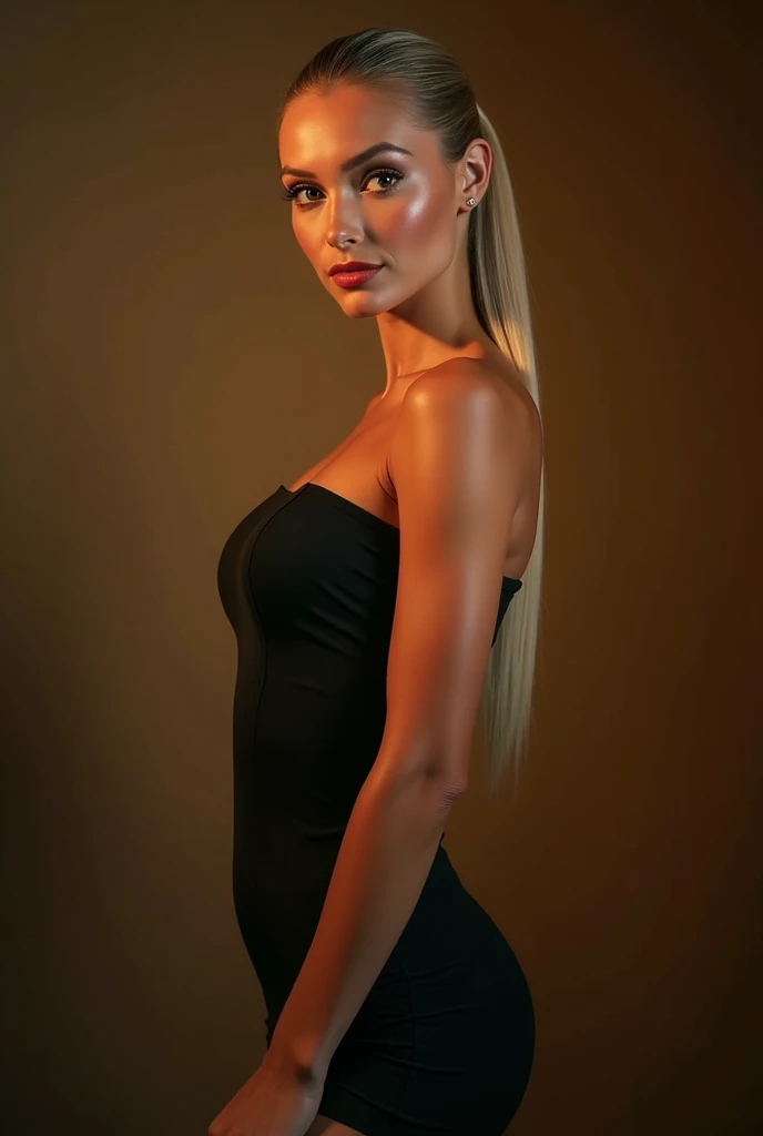 a very realistic and detailed photo of a beautiful italian woman, tight black dress, perfect makeup, long sleek straight ponytail blonde hair, high quality, photorealistic, 8k, luxury, elegant, sophisticated, confident pose, studio lighting, cinematic, golden hour, warm tones, glowing skin, piercing eyes, full lips, sharp focus