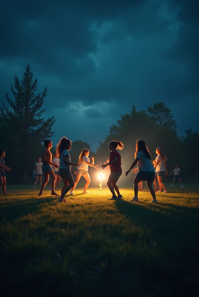 Teenagers on a village football field dance around a lit flashlight at night