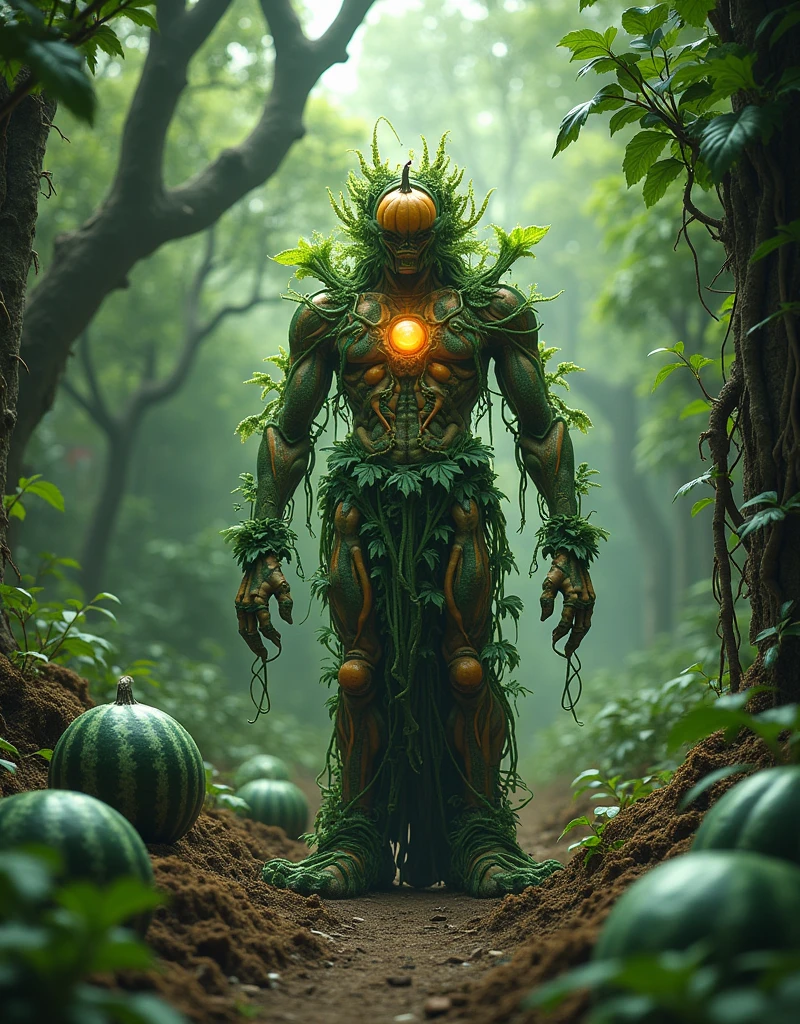 One person,alone,high resolution,Anatomically correct, unity 8k wallpaper, Super detailed, (Guardian of the Garden)、Golem Vegetable Link、Vegetable Joint、Pumpkin、watermelon、Ginseng、potato、Vine、leaf、soil、Energy Core