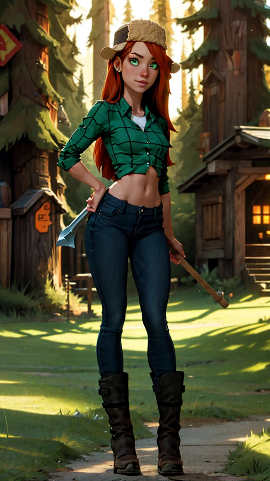 Wendy Corduroy, BREAK: long straight reddish brown hair, fitted green flannel over shirt 3/4 cropped, tight white sports bra under shirt, midriff showing, skin-tight jeans, thigh cutout, loose leather work boots, BREAK: slim and toned build, small bust, strong glutes, strong shoulders, crooked smile, freckles, green eyes, BREAK: holding wood axe, action poses, BREAK: full length portrait, wide angle, mystic forest setting, energy pouring off her body, BREAK: 16, absurdres, masterpiece, best quality, digital art, strong shadows, detailed face, accurate hands, perfect hands, correct anatomy, strong_negative