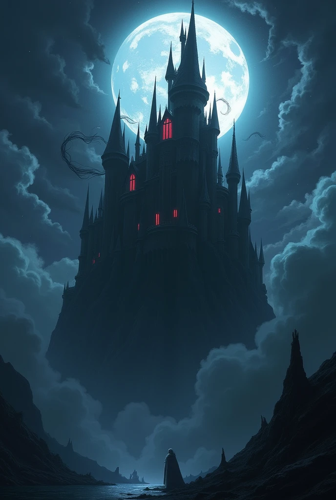 Flying demonic castle in the night sky