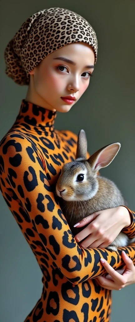 the beautiful,slender thin and prettiest Malaysian muslimah adult girl with beautiful cheeks wears white colour leopard print lycra turtleneck unitard catsuit covered with black seamless spots and always wear white leopard colour print lycra elastane stretchy dance wear hijab covered with white leopard seamless spots.She is hugging her pet rabbit.