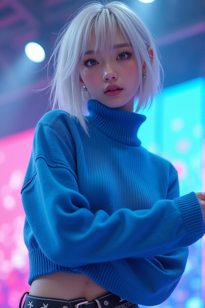 A female kpop idol with cat eyes, short white hair, and blue sweater is performing on stage in a girlcrush style outfit.
