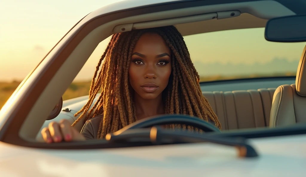 A stunningly beautiful dark skinned African American woman with long brown dreadlocks with highlights on the ends Driving a pearl white, sparkly Mercedes Benz on a beautiful summers day, looking at the camera in a sexy & sensual gaze, realistic, photorealistic