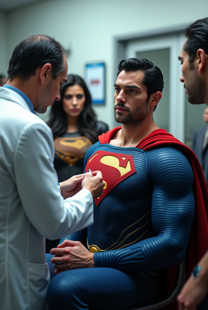 Doctor is giving vaccination to Superman Justice League who is sitting in the hospital.