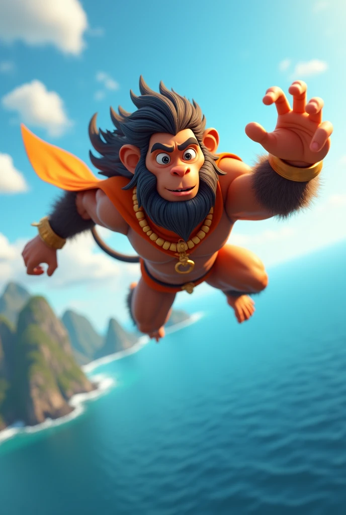 Hanuman Going to Lanka**:generate in cinematic 3d cartoon style Hanuman flying over the ocean towards Lanka, holding Rama's ring in his hand, with the vast sea below.