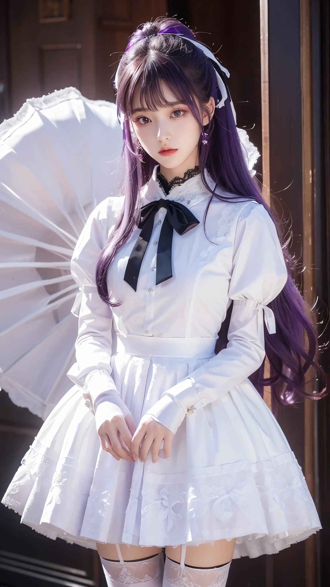 looking down, Calm face BBBase, purple eyes, long hair, purple hair, hair ribbon, neck ribbon, red ribbon, white shirt, black skirt, high-waist skirt, white gloves, black thighhighs, lace-trimmed legwear, black coat, popped collar,