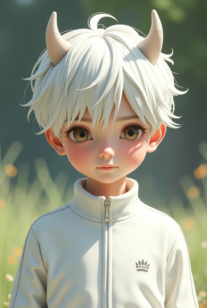White haired asian boy，Short horns on the head，Wearing a white sports suit，Delicate boy face，，Reality