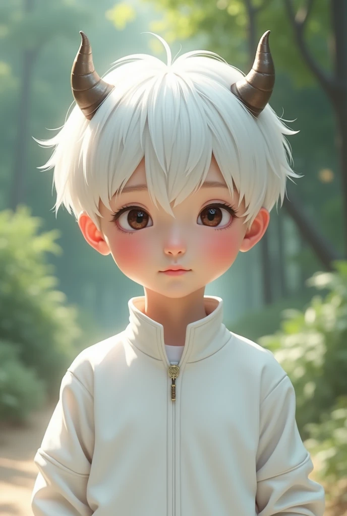 White haired asian boy，Short horns on the head，Wear white clothes and pants，Delicate boy face，，Reality