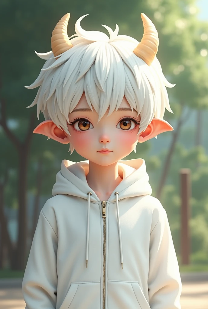 White haired asian boy,Short horns on the head,Wearing a white sports suit,Delicate boy face,,Reality