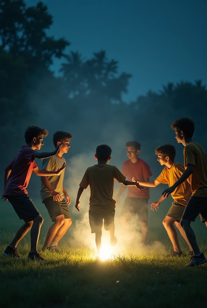 boys on a village football field dancing around a lit flashlight at night