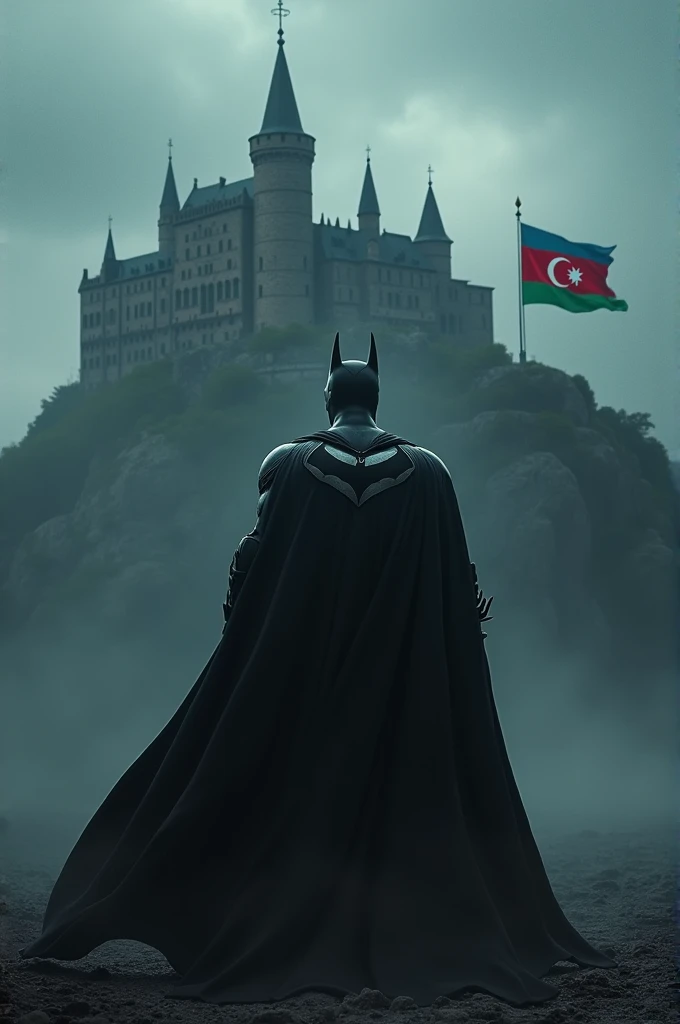 Batman is looking at the girl's castle holding the flag of Azerbaijan