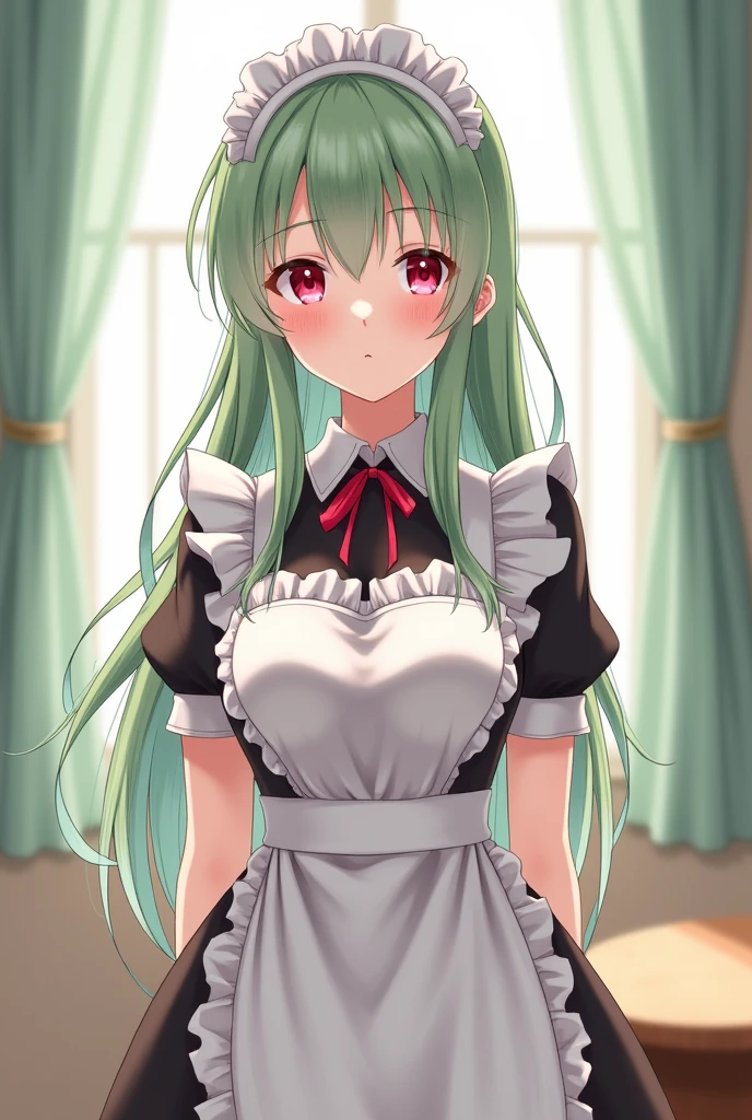 anime girl, light green hair, pink eyes, straight Long hair, big boobs, maid outfit, shy, red cheeks, 