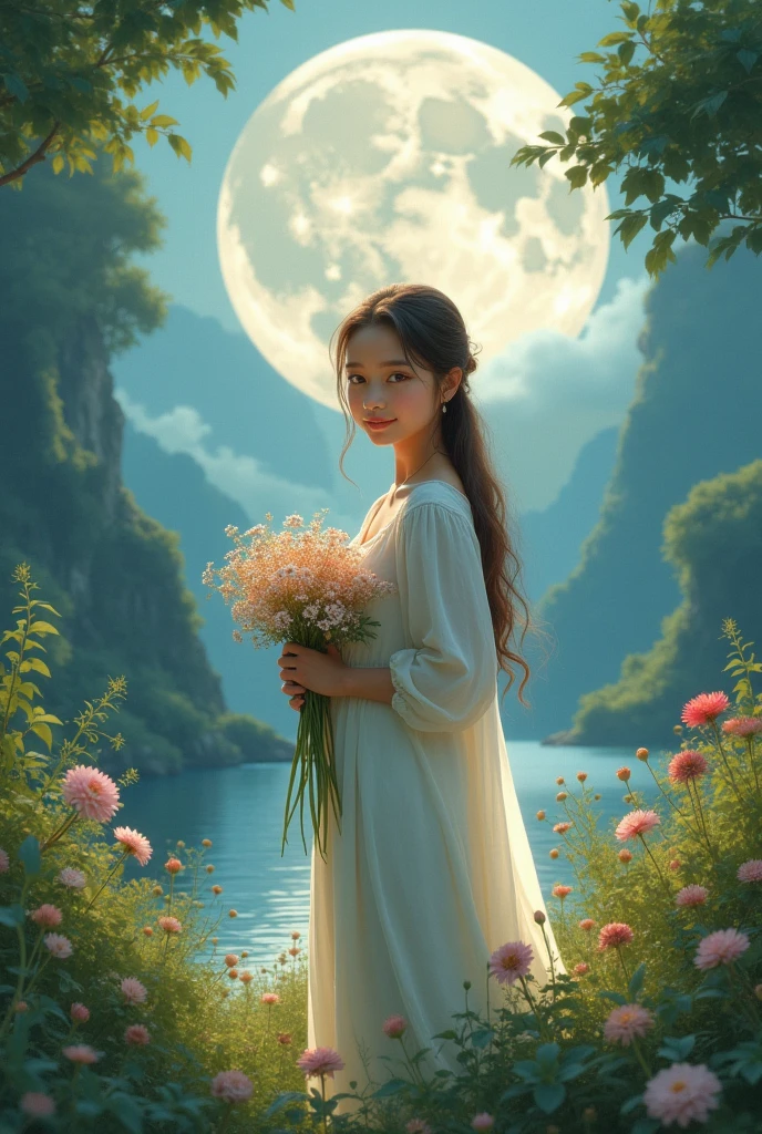 beautiful girl standing with flowers in hand.
the background is of a beautiful place with full moon

